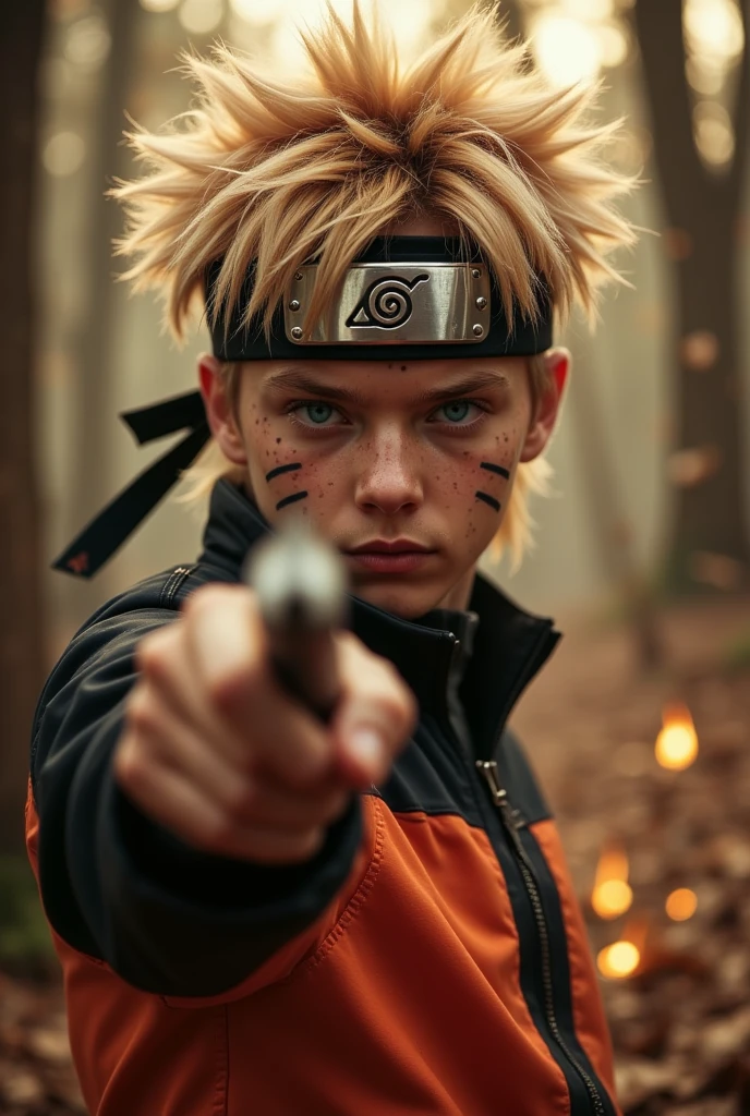 ((masterpiece)) ((photography)) ((Highest quality)) Close-up portrait of Naruto Uzumaki aiming a kunai directly at the viewer, his intense blue eyes reflecting determination and the markings of his whisker-like scars highlighted on his cheeks. He wears his iconic orange and black ninja outfit, with his Leaf Village headband shining despite signs of battle wear. His spiky blonde hair is tousled by an unseen breeze. The background depicts a blurred forest scene with faint glowing embers and falling leaves, evoking a sense of movement and urgency.

Camera details: 85mm lens, f/2.0 aperture, emphasizing sharp details on Naruto's expression while maintaining a soft, dynamic bokeh in the background.  
Lighting: Subtle golden hour tones, with a soft rim light to highlight his silhouette and create depth.  
Render: UHD HDR 8K, capturing intricate details of his outfit, kunai, and facial features, with a vibrant yet slightly dramatic atmosphere.