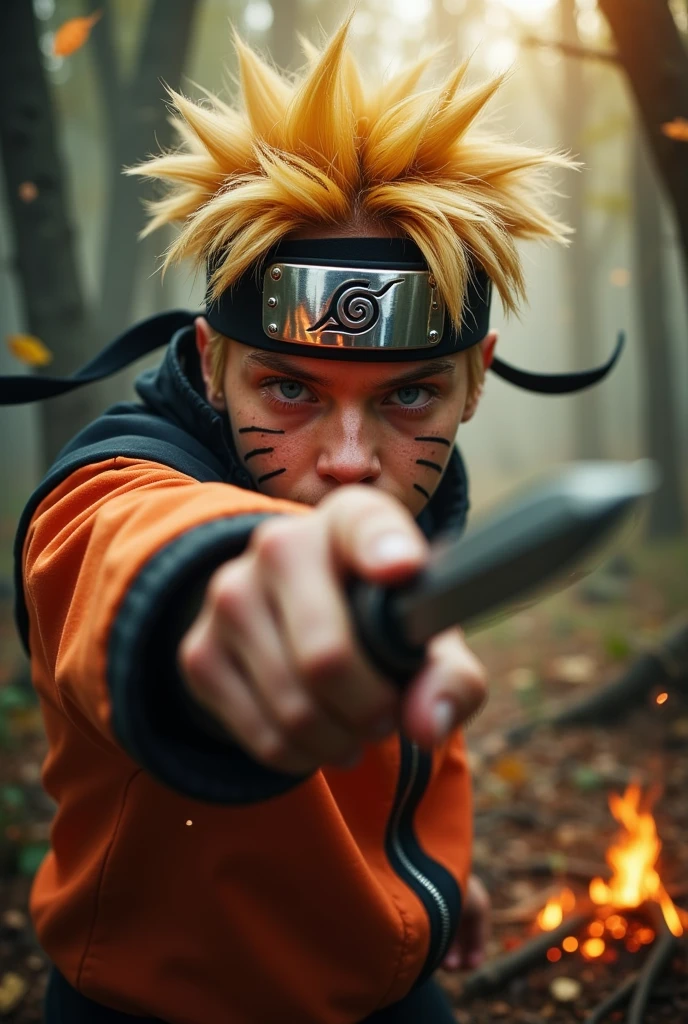 ((masterpiece)) ((photography)) ((Highest quality)) Close-up portrait of Naruto Uzumaki aiming a kunai directly at the viewer, his intense blue eyes reflecting determination and the markings of his whisker-like scars highlighted on his cheeks. He wears his iconic orange and black ninja outfit, with his Leaf Village headband shining despite signs of battle wear. His spiky blonde hair is tousled by an unseen breeze. The background depicts a blurred forest scene with faint glowing embers and falling leaves, evoking a sense of movement and urgency.

Camera details: 85mm lens, f/2.0 aperture, emphasizing sharp details on Naruto's expression while maintaining a soft, dynamic bokeh in the background.  
Lighting: Subtle golden hour tones, with a soft rim light to highlight his silhouette and create depth.  
Render: UHD HDR 8K, capturing intricate details of his outfit, kunai, and facial features, with a vibrant yet slightly dramatic atmosphere.