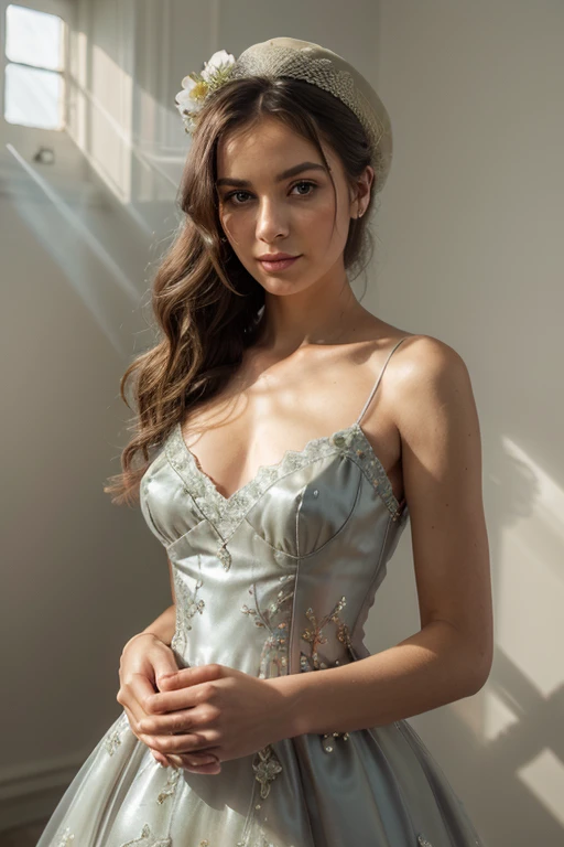 A lovely 22-year-old woman with a radiant face is standing by the window, dressed in a green floral nightgown. The soft lighting highlights her delicate features, and her pose is both elegant and sensual. The setting is in a luxury suite with a view of the Kremlin.