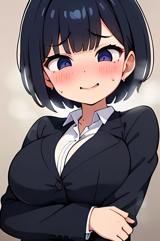 ((( High Quality ,  high definition ,))),(Female :1.4),Adult women,iris, soft lips ,iris, dark eyes,( small eyes ),(Slanted Eyes), black hair,(((short hair))),(((short sutature))),((chubby)), huge breasts,Blue blazer, face smiling at the viewer,(( shivers at sexual climax)),((Frustrated face)),(( sweaty :1.3)),