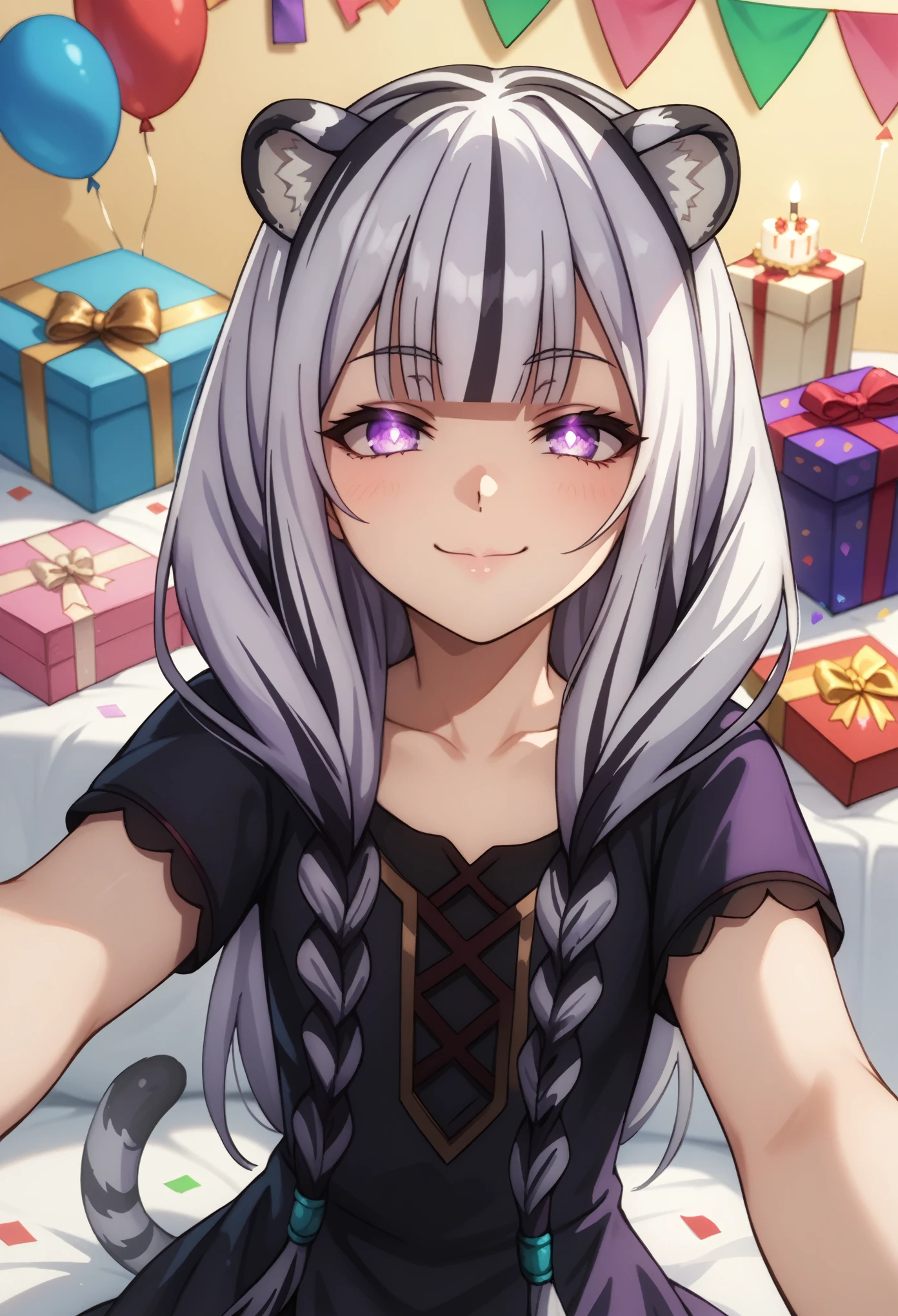 ((masterpiece)), anime style, 1girl, solo, long hair, white tiger ears, white tiger tail, open eyes, purple eyes, glowing eyes, manic smile, birthday party, viewer's birthday, giving giftbox, giving to viewer, viewer POV, looking at viewer, yandere, low twin braids, closed mouth, purple dress, black dress, multicolored dress.