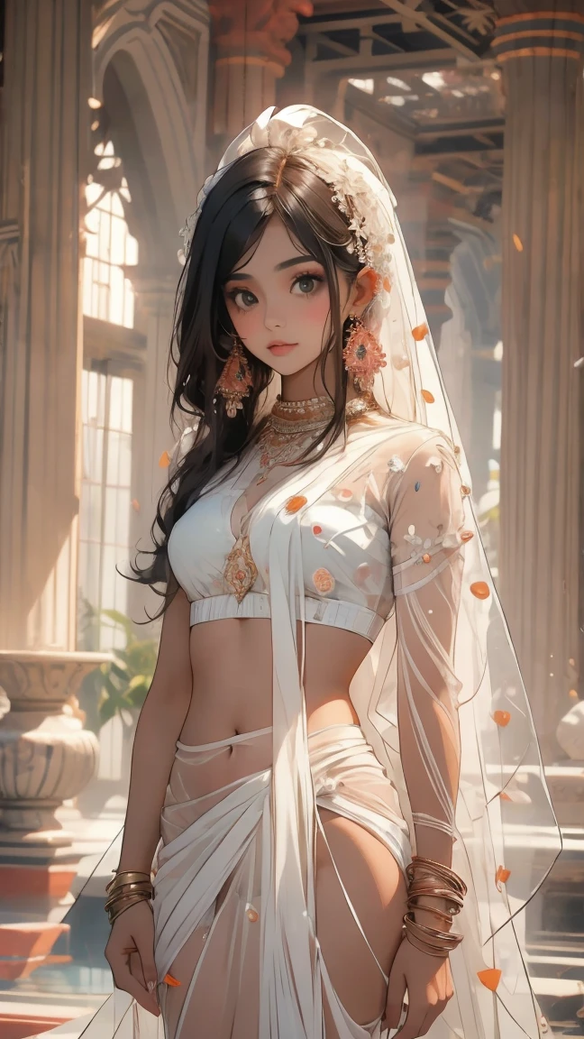 (nude), small boobs, small chest, (masterpiece), best quality, extremely detailed, (watercolor), bloom, delicate and beautiful, illustration, (from below),(1 Indian girl:1.4), 18 years old, (white braided hair, flowers on head), (solo:1.2), small breasts, long legs, wearing sexy long small dress, off-shoulder, (short shorts:1.2), bare shoulders, ((dark skin:0.8)), beautiful eyes, over-the-shoulder shot, nikon camera, sharp, bokeh, studio quality,