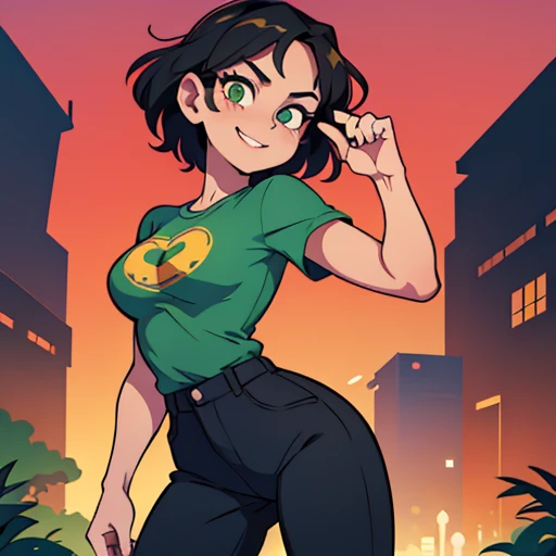  masterpiece,  top quality, 8K, smile,  green eyes, bright eyes,  flirty look,  sexy look,  tight t-shirt ,  body clothing , parts, latina, cabello oscuro,  black hair, dynamic background, estilo anime retro,  lost look. [Spontaneous beauty].