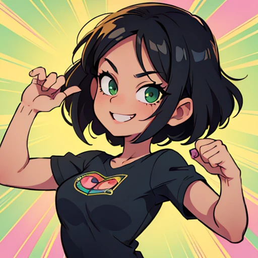  masterpiece,  top quality, 8K, smile,  green eyes, bright eyes,  flirty look,  sexy look,  tight t-shirt ,  body clothing , parts, latina, cabello oscuro,  black hair, dynamic background, estilo anime retro,  lost look. [Spontaneous beauty].