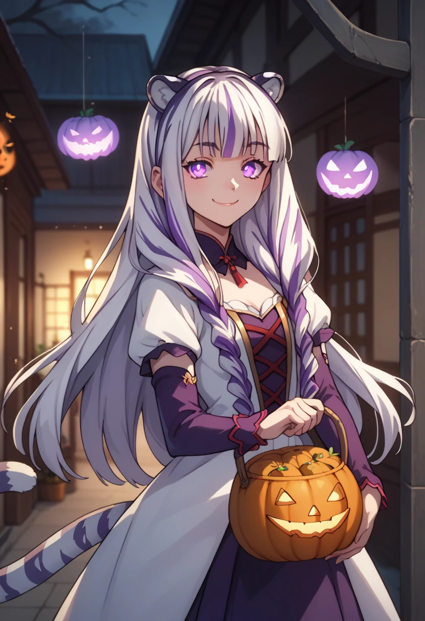 ((masterpiece)), anime style, 1girl, solo, long hair, white tiger ears, white tiger tail, open eyes, purple eyes, glowing eyes, manic smile, Halloween costume, weretiger costume, holding pumpkin basket, requires sweets.