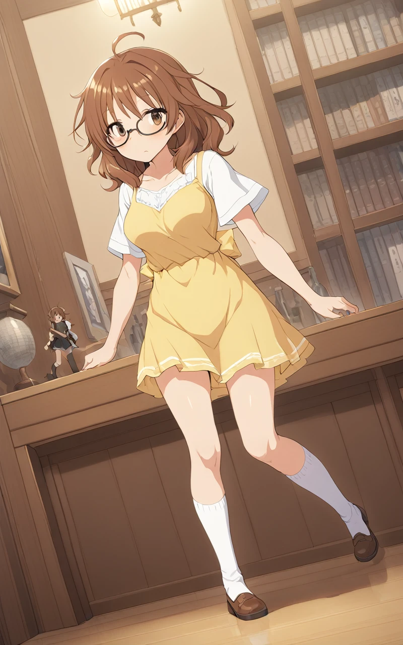  1 girl , Hina Araki, Under Rim_Glasses, jitome,  Brown Eyes ,  brown hair,  Medium Hair , Ahoge,  messy hair, Big Hair,  medium breasts, Extremely high quality　Extremely detailed, Illustration,  Contrapost,   Cute Anime Face Cinematic Lighting Cinematic Angle, yellow sundress, White Blouse High Sock Trainer  