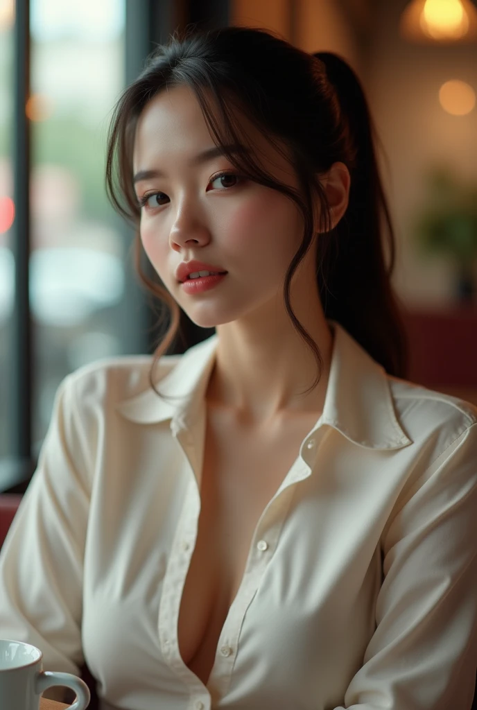 (Super Definition CG Unified 8k Wallpaper), (Masterpiece), (Best Quality), (Super Definition), (Best Illustration), Best Shadow, Ultra High Definition, (Photorealistic:1.4), 1 Girl at Home, (((Super Oversized Shirt, Buttoned Shirt, Open Shirt)), (Man Shirt), No Bra, Clavicle, (Small:1.2), Small, (Long Hair:1.2), Look at the viewer, Light smile, Full body, Makeup,