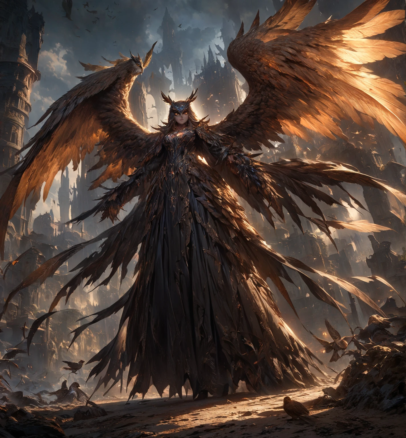  Facing Camera ，Standing on the ground， Perfect Full Body Character Watch，Birdie character，A female demon ，Slim ，Medium build， Smooth brown skin , Light tattoo on skin ， dark ， wear a black dress，Fierce，Owl's head ，The upper half of the face is covered with armor， ears covered with upward owl wings， Hair Decorated on both sides Feather hair ornament ， Giant owl wings ，Wearing a black gothic black down duvet dress covered in brown feathers ，[ Vibrant appearance , Creative Behavior , Imaginative, Sensibility, spontaneous, skin texture， [[ Ultra wide angle lens ，Remote Panorama ，masterpiece,  Alina ,  Highly Detailed , Super Fine， Height Detail ，Light Tracking ， movie light effect ,  illustration,  8K Resolution Concept Art ， Dark fantasy art ， Dark Fantasy Character Design ， Concept Art Wallpaper ， Epic Dramatic Atmosphere ,  Height Detail, fantasy realism,   Professional Digital Art ,