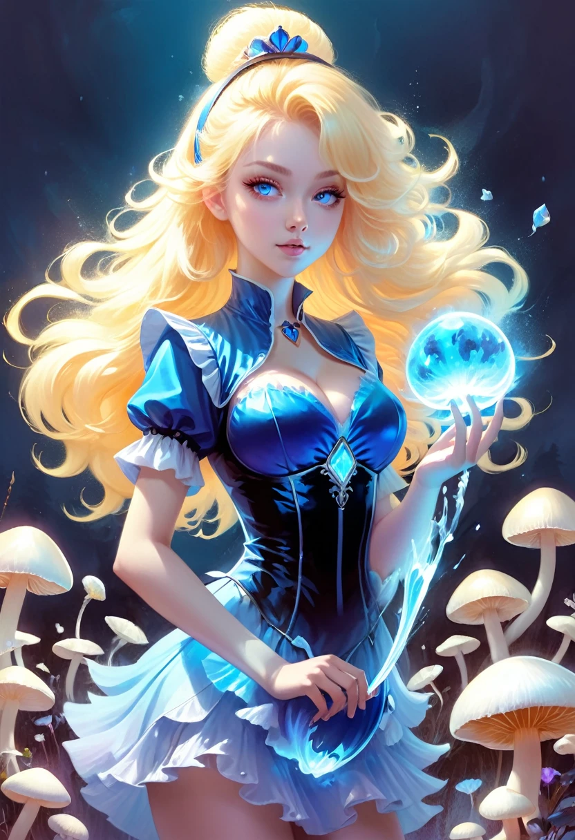 a beautiful 20 year old blonde woman with big messy hair in a blue dress, white stockings, black headband, cleavage, holding a glowing mushroom, fantasy art style, rossdraws cartoon vibrant, alice x. zhang, alice in wonderland cyberpunk, cute detailed digital art, colorfull digital fantasy art, digital fantasy art ), glossy digital painting, rossdraws pastel vibrant, rossdraws 2. 5, rossdraws 1. 0