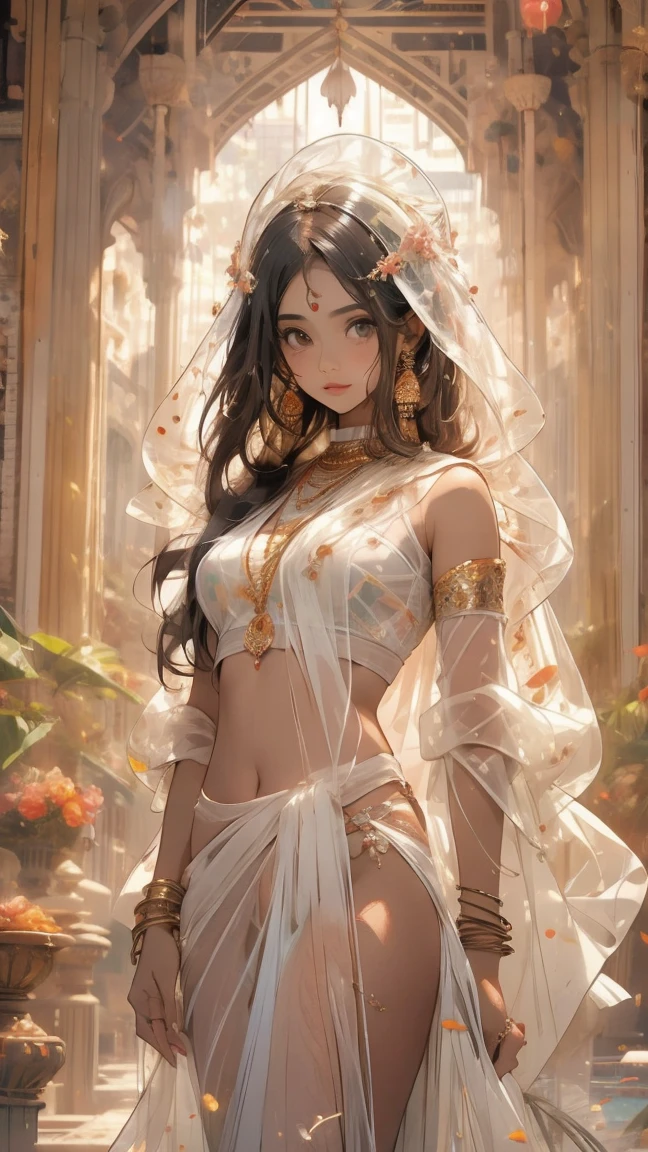 most beautiful in the world, fair, girl, wearing see through cloth, with beautiful flower garland, 8k ultra defination, surrounded by flowers, bokeh, animated lighting