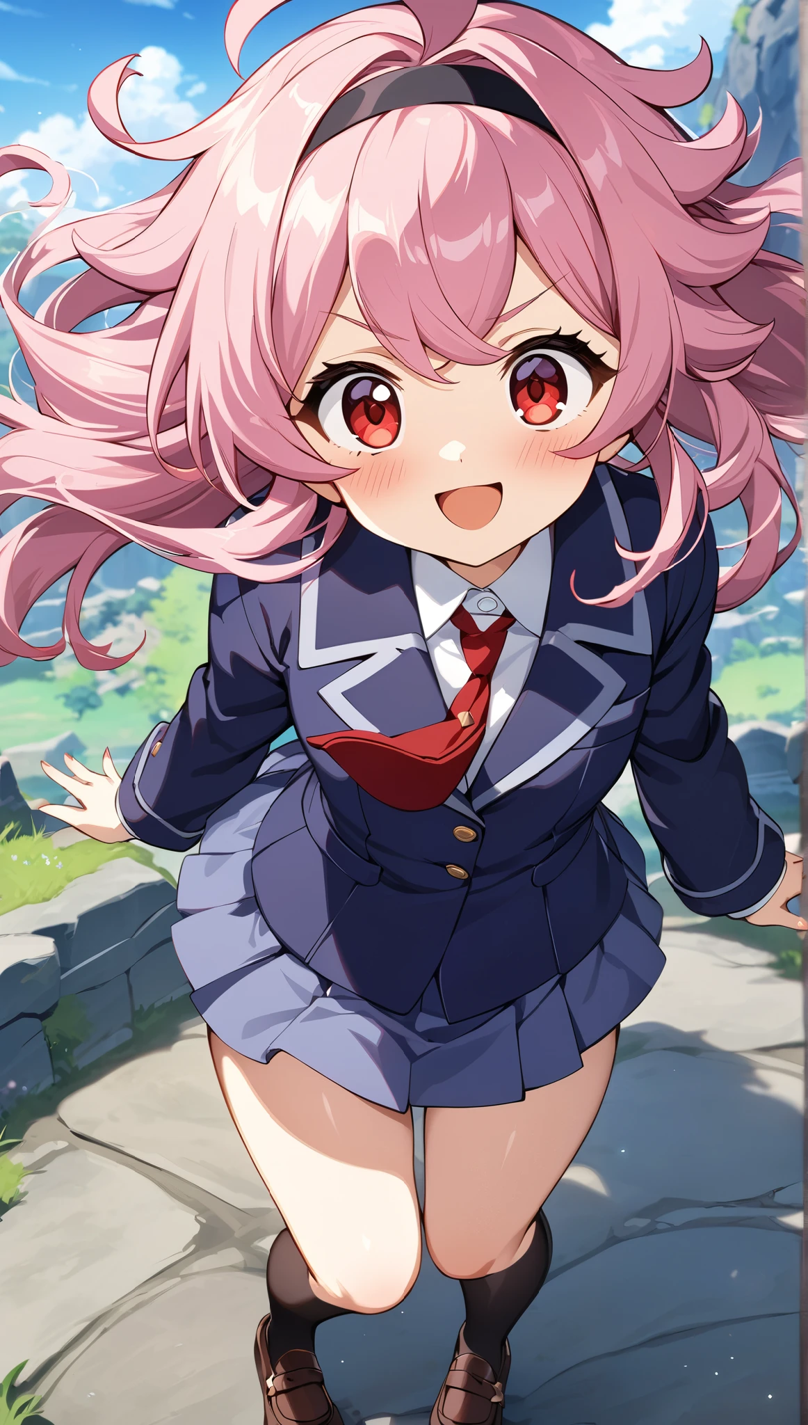 2d, masterpiece, best quality, anime, highly detailed, cowboy shot, 1girl, solo, natsuki, pink eyes, two side up, short hair, hair ornament, school uniform, standing, straight-on, smile, in a beautiful valley, (hyper hips:1.6)