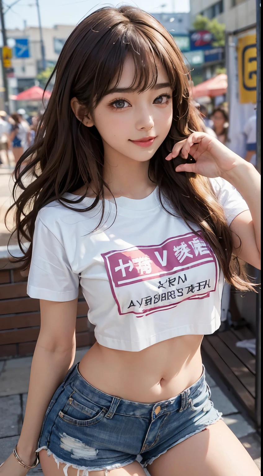 (Highest quality,masterpiece:1.3,Ultra-high resolution),(Very detailed、Caustics) (Realistic:1.4, RAW shooting、)Ultra-Realistic Capture、Very detailed、Natural skin texture、masterpiece、(A Japanese elementary school student wearing an alphabet-patterned ringer T-shirt and jeans:1.3)、Adorable expression、Expressions of happiness、、height: 140cm、Baby Face、Pure、Amazingly cute、Twin tail hairstyle、Curly Hair、Scrunchie、necklace、Black Hair、Large Breasts、Shining thighs、Photo taken in front of a sex shop in the entertainment district、Night photography、smile、An inviting gaze、(Anatomically correct)、Cowboy Shot、Attention to detail、Bring your chest closer and emphasize、