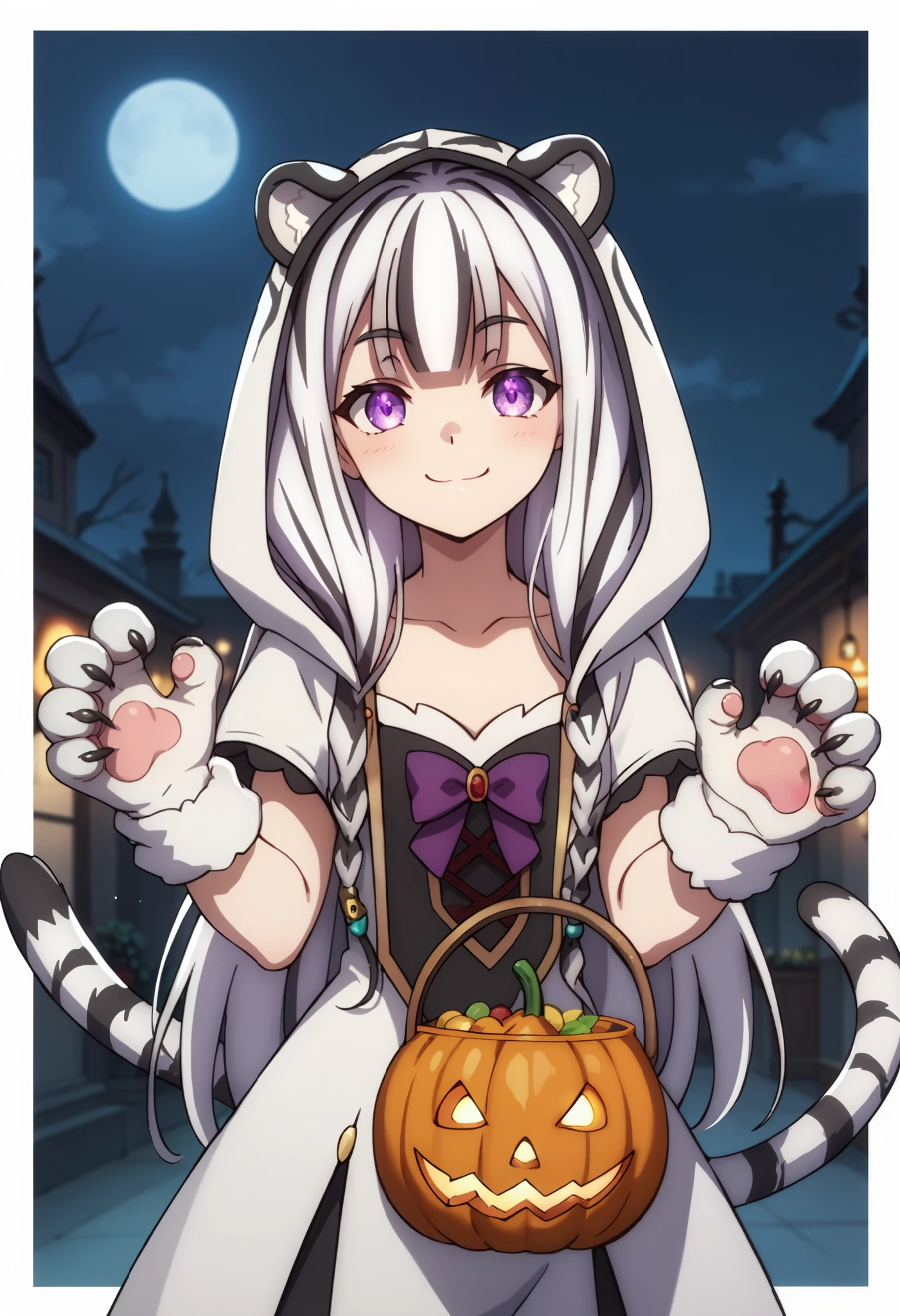 ((masterpiece)), anime style, 1girl, solo, long hair, white tiger ears, white tiger tail, open eyes, purple eyes, glowing eyes, manic smile, Halloween costume, white tiger costume, holding pumpkin basket, requires sweets, cute, paws on hands, white tiger hood.