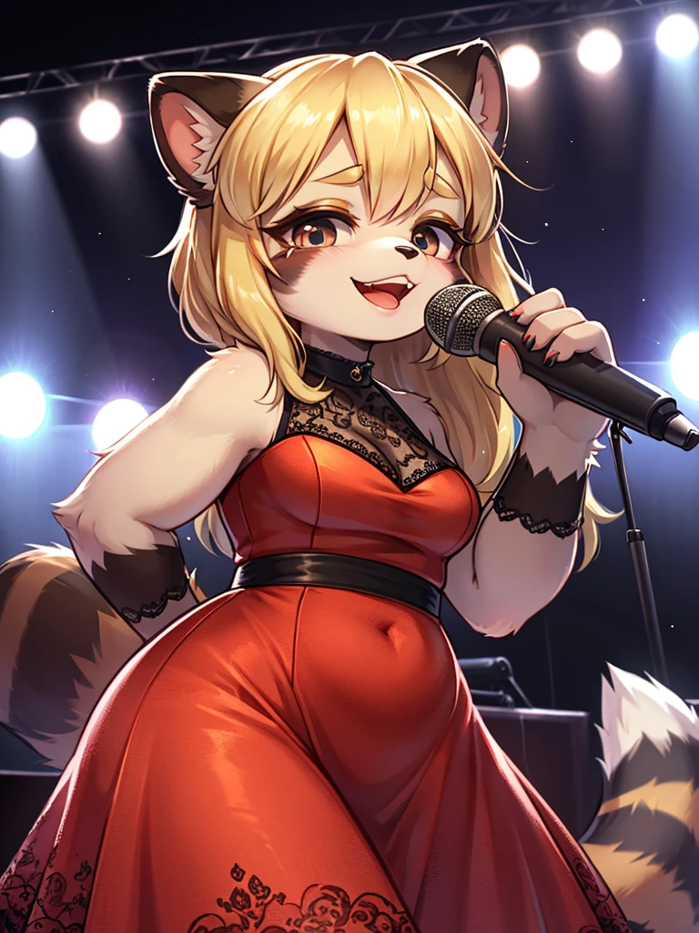 best qualityer, full - length portrait, 精致的面容, feline woman, curly blonde hair, singing, jazz, breasts big, tight and shiny red dress.