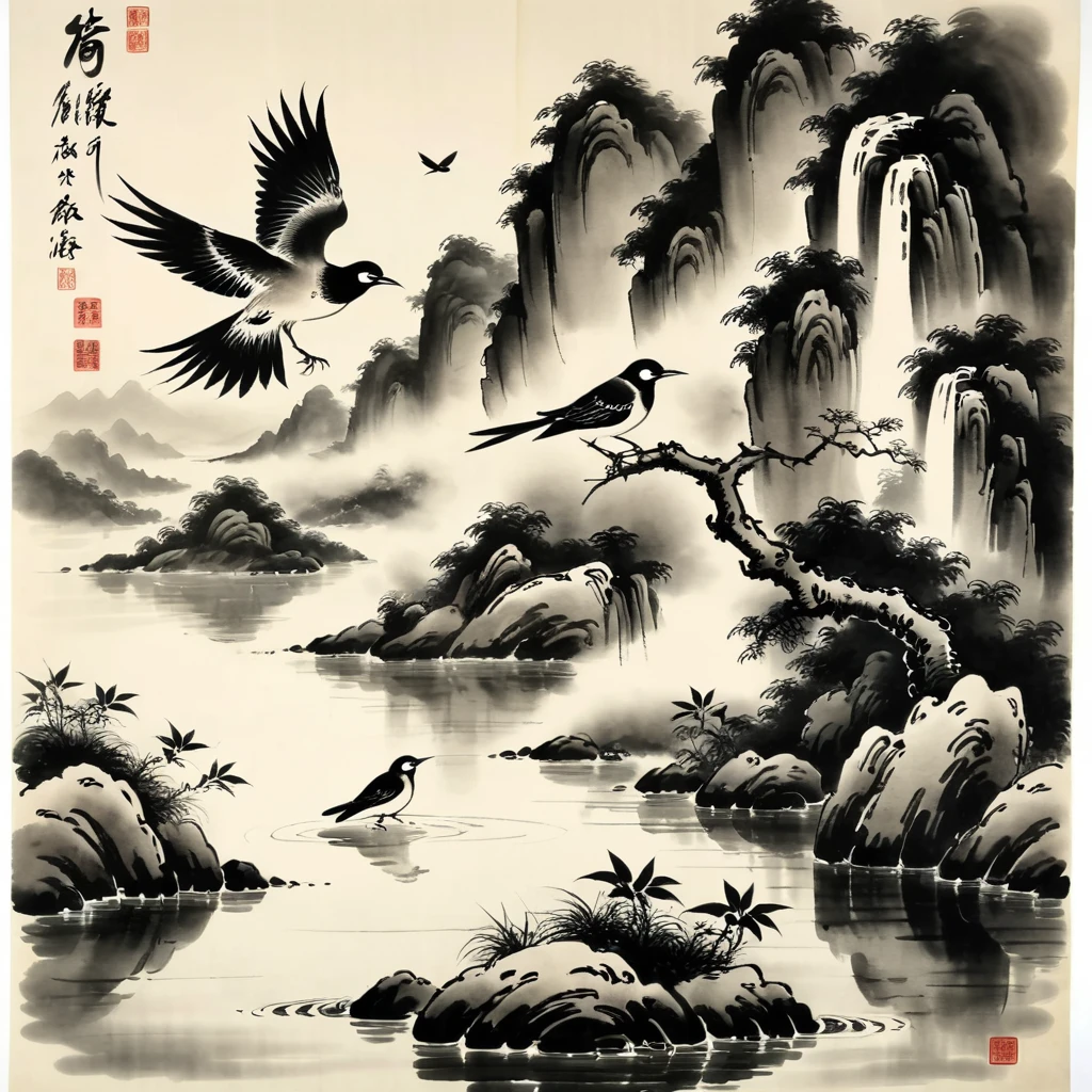 surrealist art Chinese painting,Ink Painting，ink wash painting，ink water，qi baishi,Li Keran,Bird&#39;s eye view， idyllic winter scenery in northern China ，Country view ，Two willow trees stand ，Snowflakes are falling， Two people walking on a country road with umbrellas， with red umbrellas and blue umbrellas ，Snowflakes falling， You can see the river in front and in the distance ， The ground is covered with light white snow 。整个场景充满Ink Painting风格，（ Large areas of white ，One-third composition ：1：3）， traditional Chinese brushwork ， official art ，羊皮纸水彩Ink Painting，Minimalism，Beige gray ，Rice paper texture， Very high resolution details,photographic, Extremely Realistic ,Fine texture, Incredibly realistic 