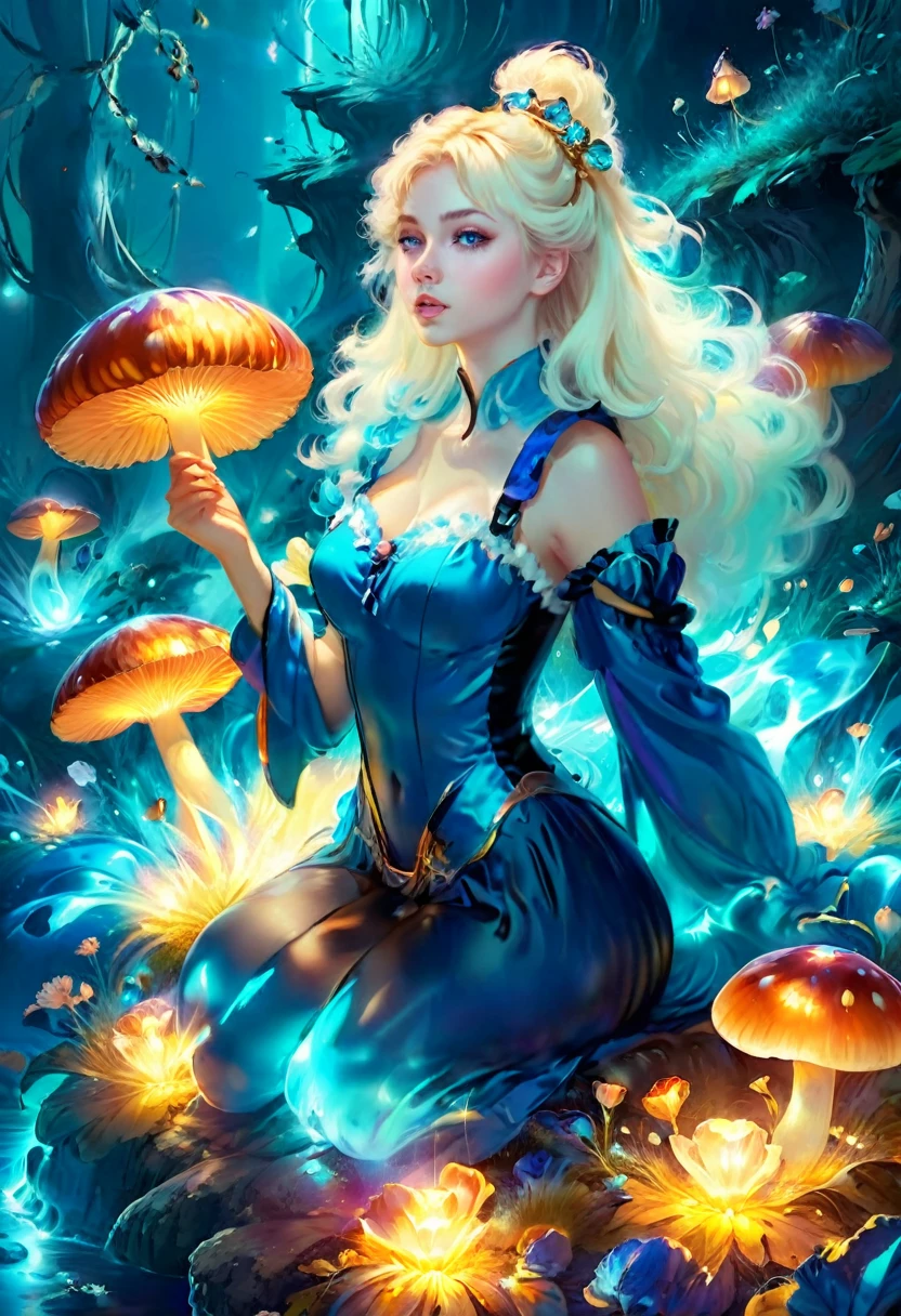 a beautiful 20 year old blonde woman with big messy hair in a blue dress, white stockings, black headband, cleavage, full body, holding a glowing mushroom in her hands, fantasy art style, rossdraws cartoon vibrant, alice in wonderland cyberpunk, cute detailed digital art, colorfull digital fantasy art, digital fantasy art ), glossy digital painting, rossdraws pastel vibrant, rossdraws 2. 5, rossdraws 1. 0