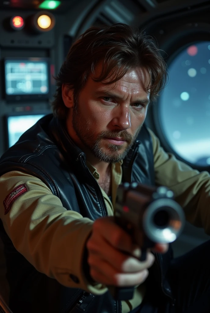 ((masterpiece)) ((photography)) ((Highest quality)) Close-up portrait of Han Solo ((Harrison Ford)), his face showing a mix of confidence and cocky charm, with his signature blaster resting in his hand. His rugged features, slightly scruffy beard, and worn jacket reflect his adventurous life as a smuggler. The background is a dimly lit spaceship interior, with glowing control panels and a faint hint of starlight from the viewport. His expression is intense but with a hint of humor, as if he’s just about to make a witty remark.  

Camera details: 85mm lens, f/1.8 aperture for a sharp focus on his face and blaster.  
Lighting: Moody, low-key lighting to emphasize the harsh contours of his face and the metallic sheen of his jacket.  
Render: UHD HDR 8K, capturing the intricate details of his features, clothing, and the futuristic atmosphere. 