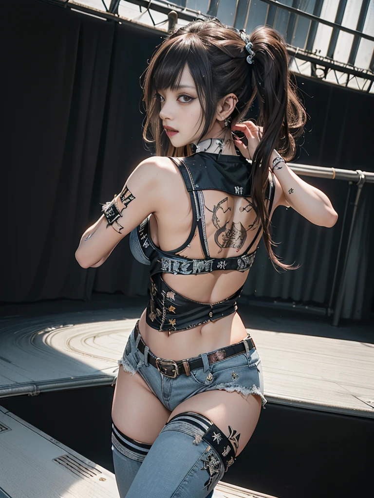 (Full Body View:1.4)、(Back view:1.4)、(Smiling with teeth showing:1.3),(Shibuya Gal:1.5)、(Gothic Lolita style fashion:1.5)、(Punk RockVisual Kei:1.5)、(Wearing a rhythmic gymnastics bodysuit with intricate details:1.4)、(Racing suit and pants with intricate decorations in white, denim and charcoal:1.5)、(Denim and light blue and white boots:1.3)、((belt))、(Numerous delicate logo marks all over the costume:1.4)、(collar:1.3)、(Striped underwear:1.5)、20-year-old、NSFW、((Highest quality、In 8K、masterpiece:1.3))、Sharp focus:1.2、(Layered Cut、Huge boobs:1.1),Beautiful woman with perfect figure:1.4、(Dancing vigorously:1.3)、Slender Abs:1.2、Highly detailed face and skin texture、Detailed eyes、double eyelid,(Twin tails:1.3)、(Brown Hair:1.3)、Gravure idol、(The background is the stage of the fashion show:1.3)、(Slim body:1.3),(Make your legs thinner:1.4),(clavicle:1.1)、(Thin and slim thighs:1.3)