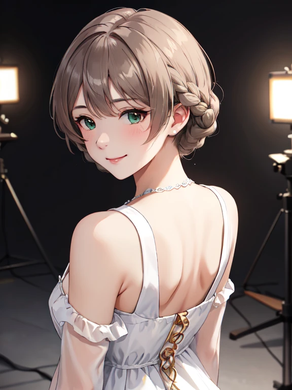 masterpiece, best quality, high definition , super detailed,bbdarjeeling, Short Hair , braiding ,bangs,smile、 closed mouth 、Absolute reference to the center、Cute for everyone to see、 straighten his back ,clavicle,White Dress、Absolute reference to the center、whole body, Alone, cinematic lighting 、 cowboy shooting alone、  has a very detailed face ,  perfect lighting,  Highly Detailed CG,