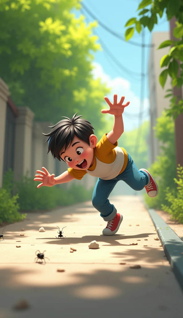 create an image as if it were the second phase of a game with the theme: save yourself from mosquitoes and the main character is a  child with a repellent in his hand, who is returning home at dusk and needs to arrive safely, but he needs to escape from the dengue mosquitoes
