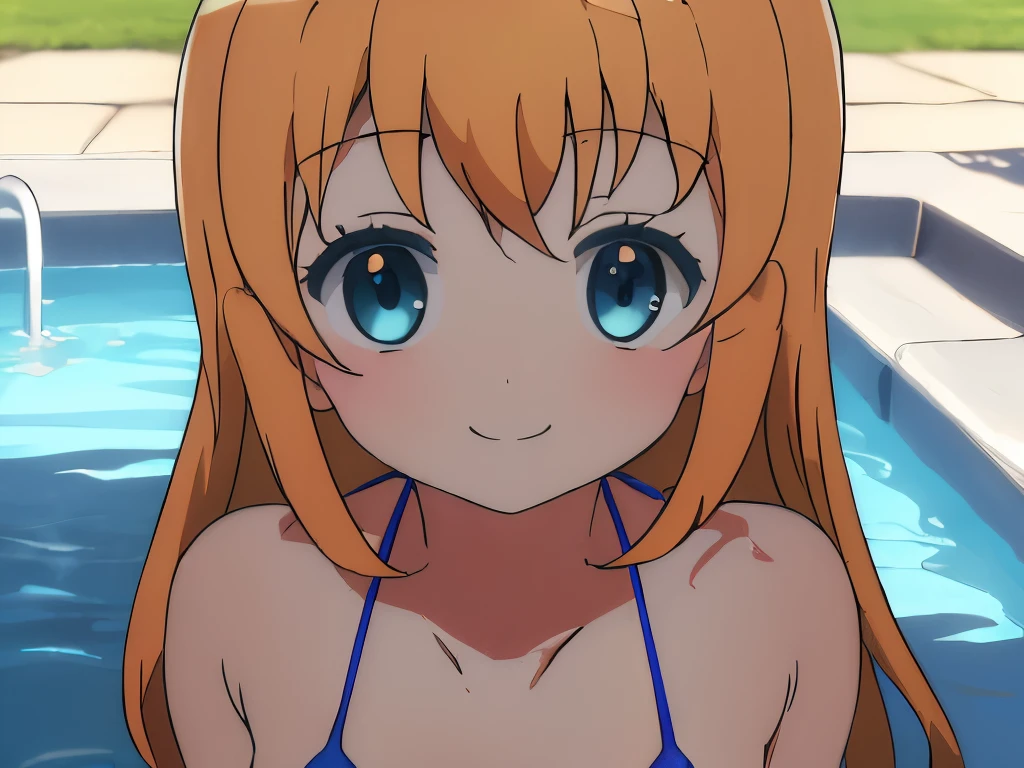 ((masterpiece)), ((best quality)), (ultra-detailed), pool, a cute girl, 1girl, solo, bikini, ((beautiful eyes)), smile,