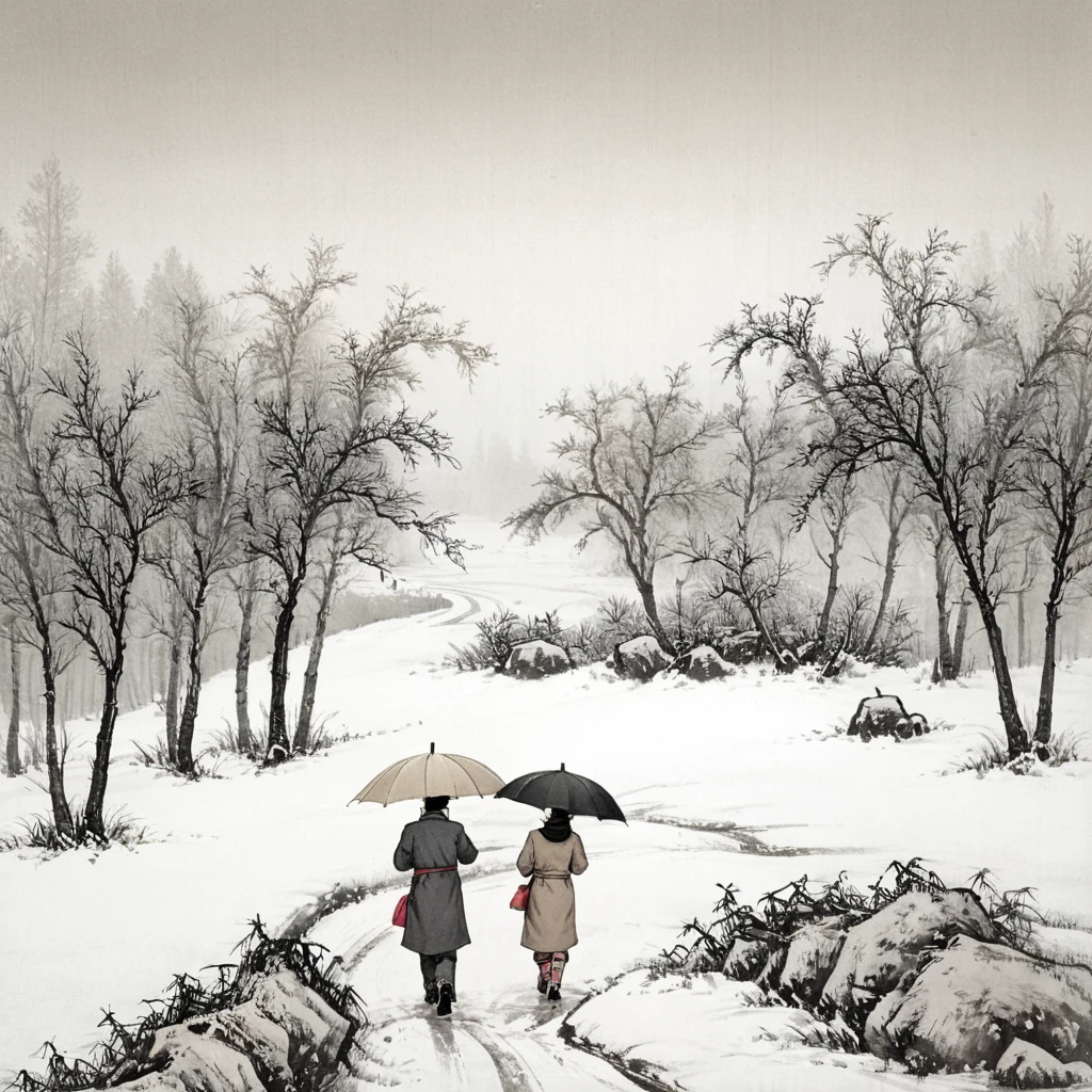 surrealist art Chinese painting,Ink Painting，ink wash painting，ink water， idyllic winter scenery in northern China ，Snowflakes are falling， Two people walking on a country road with umbrellas， traditional Chinese brushwork ， official art ，羊皮纸水彩Ink Painting，Minimalism，Beige gray ，Rice paper texture， Very high resolution details,photographic, Extremely Realistic ,Fine texture, Incredibly realistic 