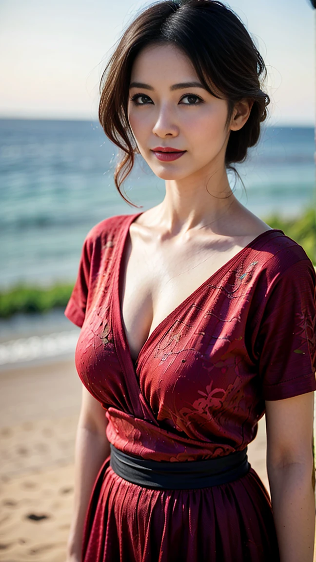 Draw lips correctly, red lipstick, from chest up, best quality, Super detailed, lifelike, Super fine skin, perfect anatomy, (1 a mature Japanese woman), (alone)，Wear a floral round neck dress，short sleeve，wavy long hair，40 year old female，Mature，charming smile，beach background，Stand，Slightly fat（1.2），Big breasts（1.2），full-body shot