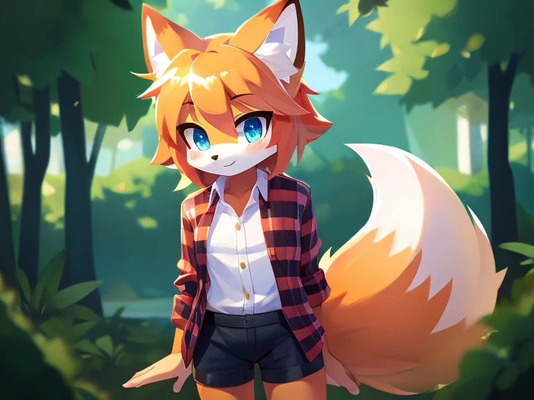 For cute fox, shiny hair, detailed body, open shirt, short pants, high quality 