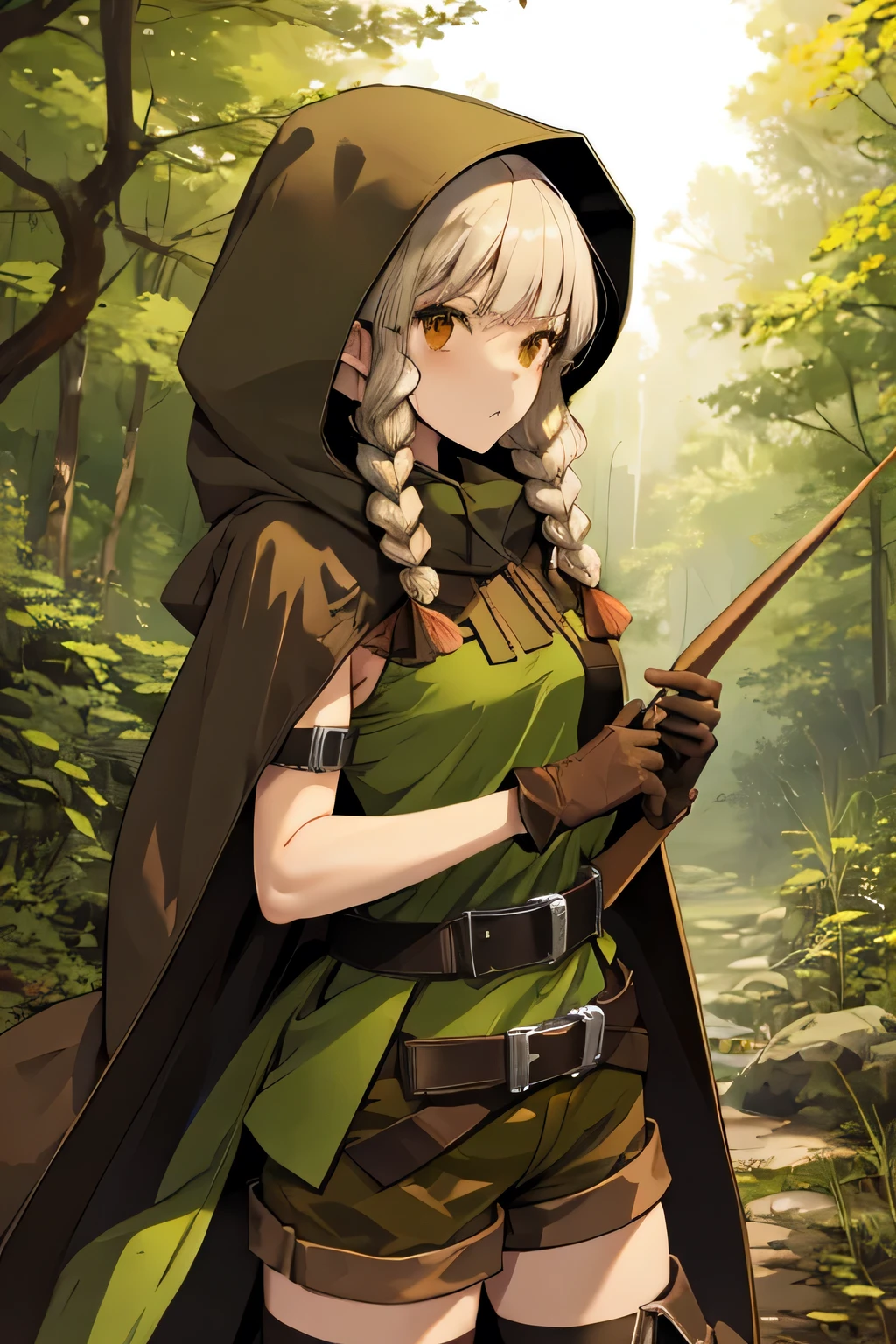 masutepiece, Best Quality, dcElf, Twin braids, hoods, Brown cloak, green tunic, gloves, Belt bag, Brown shorts, Cowboy Shot, Serious, forest, Looking at Viewer,Hold the bow