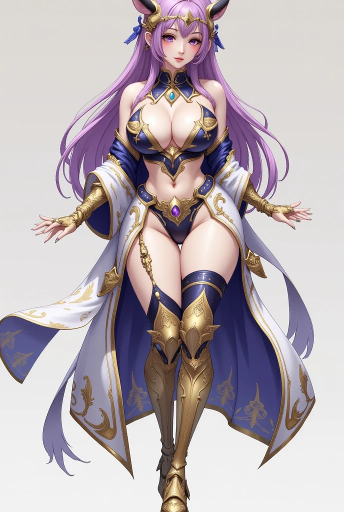 Intricate Anime illustration, The character wears an intricate ensemble combining traditional and fantastical elements. Her outfit features a flowing, ornately patterned robe with celestial motifs, layered over a fitted bodysuit adorned with delicate embroidery and gemstones. She has armored gauntlets and boots that blend elegance with practicality, along with a wide, embellished belt that cinches her waist. Her look is completed with a high-collared cape that flutters gracefully, and a headpiece adorned with mystical symbols, reflecting her ethereal aura and combat readiness.