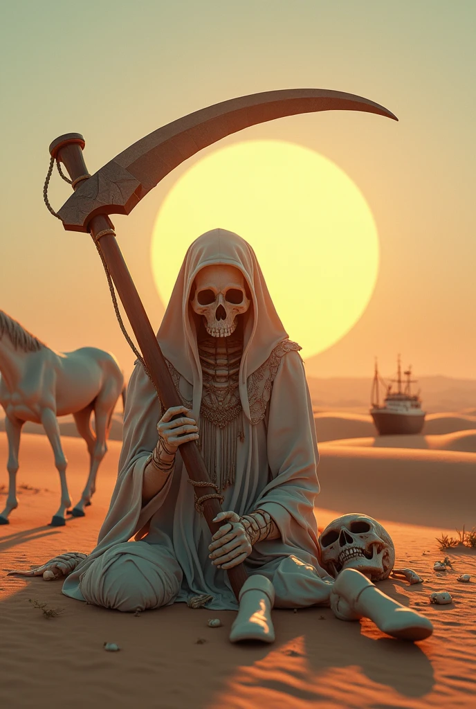 {
"scene_description": "A highly realistic, high-contrast, 8K HD, detailed, hyper-detailed image of a medieval scene in a vast desert at sunset. The focus is on the severed head of the protagonist, which has been cleanly cut by a sword and now lies on the ground. The protagonist's face, etched with shock and finality, is clearly visible, with the eyes still open. The head is positioned prominently in the foreground, while the rest of the body, dressed in armor, can be faintly seen in the background. The environment is devoid of blood, creating a stark, almost surreal contrast to the grim reality of the scene. The sand is softly illuminated by the warm glow of the setting sun, casting long shadows that enhance the sense of isolation and finality. The image is rendered with ultra-high resolution, RAW photo quality, and Unreal Engine detailing, capturing the haunting silence of the aftermath.",
"character_focus": "protagonist",
"armor_details": "Protagonist is wearing medieval armor, but the focus is on the head with no blood representation.",
"environment": "Desert at sunset, with soft light and warm tones.",
"emotional_tone": "Shock, finality, isolation."
}