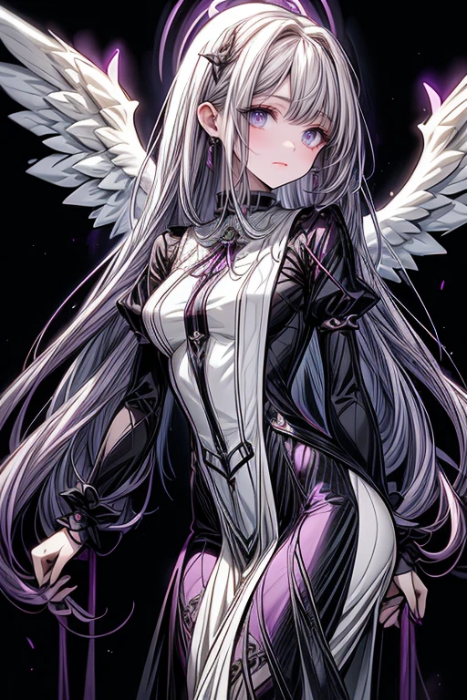 ((​masterpiece、top-quality:1.5、a high chroma:1.5、ultra-detailliert、high-resolution illustrations:1.5、Ultra-high-definition CG、8k size wallpaper、offcial art))、,(highly colorful:1.5),(from below:1.5),(1 fallen angel girl),(Cute little girl:1.5)、(Shining purple eyes:1.5),(Beautiful face:1.5,Beautiful eyes:1.5)、(close to viewer:1.5),
(clearface:1.3)、(sexy body),(ultra-thin sexy dress:1.5), (Beautiful ultra-thin sexy dress every detail),(a dark　halo shines:1.5),(medium breasts:1.5),、(cowboy shot:1.5)、(glowing eyes:1.5),(Glowing two-tone black and purple fallen angel wings:1.5),( Fluttering two-tone black and purple feathers:1.3),colourfull、