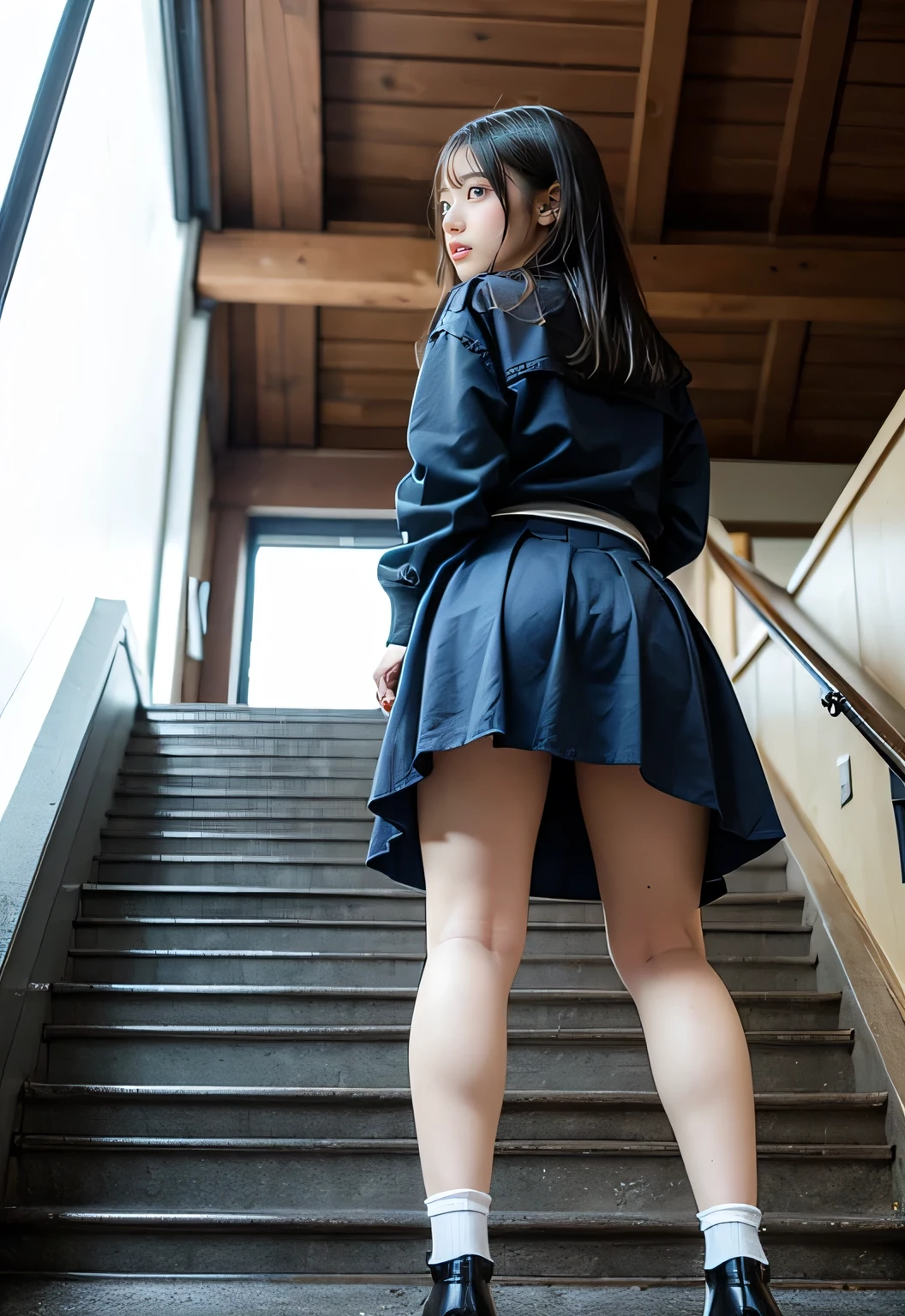 (32K, HDR, High resolution), ((((Full body photo,Raw photo, Hyperrealism, masterpiece, highest quality, ultra High resolution)))), (Pin Light, Backlight,Cinematic Light),(((Japanese  girl uniform,mini skirt,A strong wind from below flips up my skirt,Climbing the stairs,Panty shot,Dynamic pose))),(Hyper Detail, finely), ((Bit into your,Pussy in full view,Shooting from directly below:1.3)),Slender Style,Huge breasts,Very heavy chest,(Korean Idol,A detailed face:1.3),Beautiful Goddess,Archaic Smile,A kind smile,A provocative smile,Small, plump lips, Straight and cute nose, A little redness on the cheekbones,Long and beautiful eyelashes,Beautiful Face,Narrow waist,Perfect Style