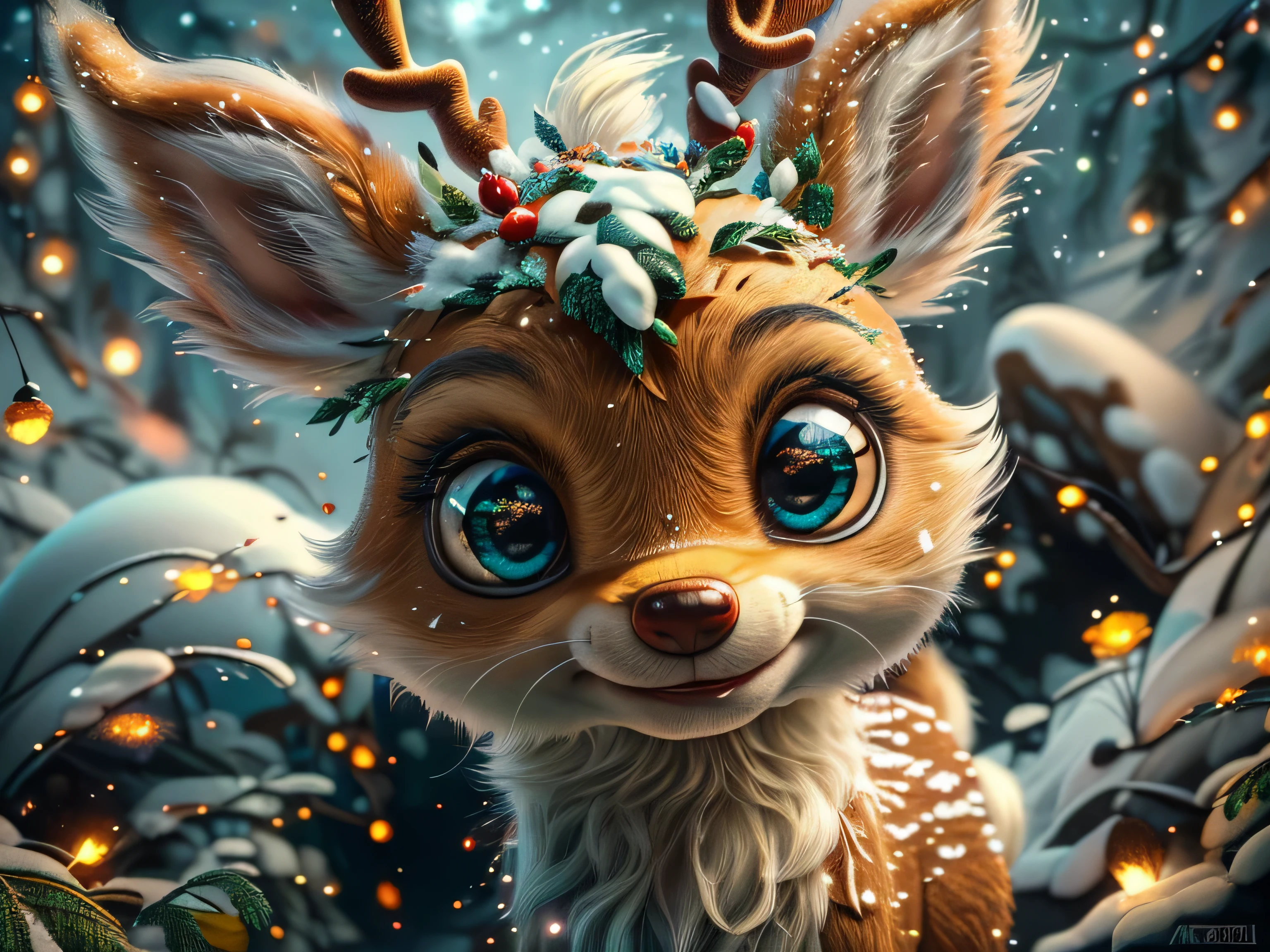 Magical Fantasy Creature, (Best Quality, Masterpiece, Representative Work, Official Art, Professional, Super Detailed, 8k:1.3), (Photorealism:1.2) Super Cute, Big Eyes, Soft, Soft Nose, Fluffy, Double-Toothed Smile, Aurorastyle, Highly detailed Dynamic shot of majestic adorable baby reindeer, high quality, beautiful masterpiece, fantasy creature, kawaii, digital art, glowing sparkles, Realistic, Beautiful, Stars in Eyes, Soft Volumetric Light, (Backlight:1.3), (Cinematic:1.2), Intricate Details, (ArtStation:1.3), --auto --s2