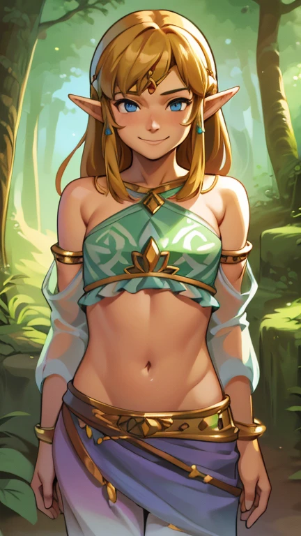 (1girl, zelda), (extremely detailed CG unit 8k wallpaper),(master part), (best quality), (ultra detail), (best illustration),(comic lo takamichi style), cowboy shot, standing, facing viewer, looking at viewer, perfect face, perfect eyes, perfect fingers, perfect hands, (Sharp eyeliner, ombre, detailed eyes:1), (digital art), forest, outdoor background, break , upper body, solo, smile,gerudo_set