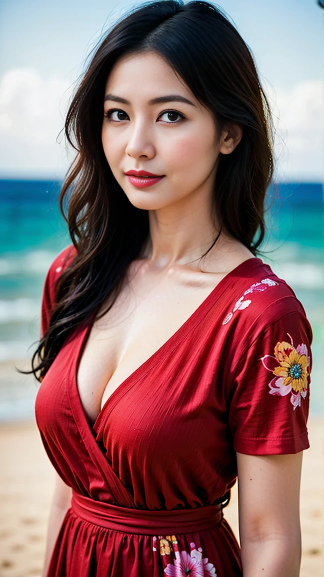 Draw lips correctly, red lipstick, from chest up, best quality, Super detailed, lifelike, Super fine skin, perfect anatomy, (1 a mature Japanese woman), (alone)，Wear a floral round neck dress，short sleeve，wavy long hair，40 year old female，Mature，charming smile，beach background，Stand，Slightly fat（1.2），Big breasts（1.2），full-body shot