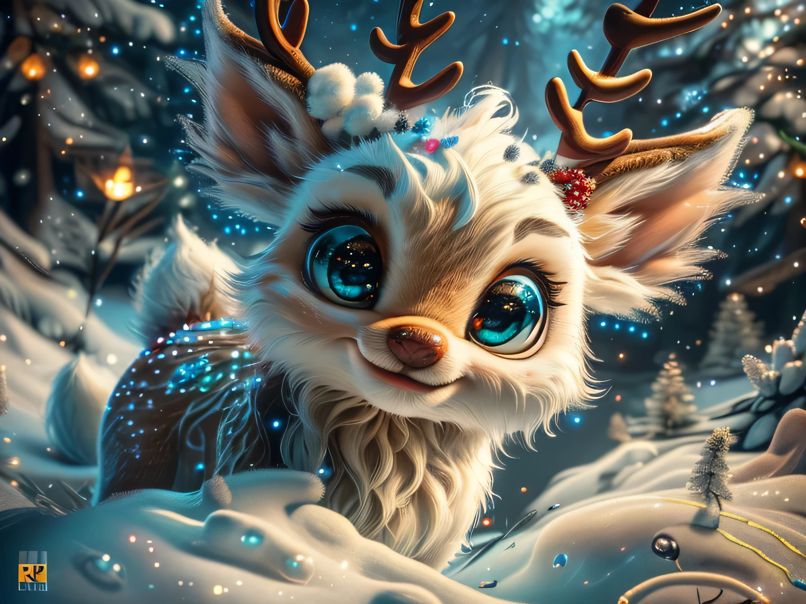 Magical Fantasy Creature, (Best Quality, Masterpiece, Representative Work, Official Art, Professional, Super Detailed, 8k:1.3), (Photorealism:1.2) Super Cute, Big Eyes, Soft, Soft Nose, Fluffy, Double-Toothed Smile, Aurorastyle, Highly detailed Dynamic shot of majestic adorable baby reindeer, high quality, beautiful masterpiece, fantasy creature, kawaii, digital art, glowing sparkles, Realistic, Beautiful, Stars in Eyes, Soft Volumetric Light, (Backlight:1.3), (Cinematic:1.2), Intricate Details, (ArtStation:1.3), --auto --s2