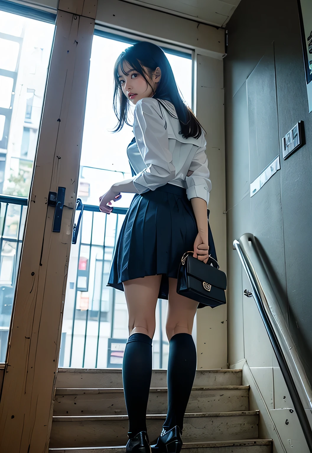 ((dynamicposes)), (((skirt lift by yourself))), (((lifted by self))), ((panties focus)), ((panties on)), ((shool uniform)), ((Plaid miniskirt)), school hallway, (The FW), 1womanl, 独奏, 24 year old, 7headed body, (cute  face), (Ideal ratio body proportions), (Composition from head to thigh), Smiling smile, erectile nipple, Sexy body, Wet, short-hair, Dark hair, small tits, A slender, Small buttocks, beauty legs, Skinny Legs, surrealism, Cinematic lighting, depth of fields, One-person viewpoint, F/1.8, 135 mm, nffsw, masutepiece, ccurate, ((Anatomically correct)), Textured skin, Super Detail, high details, High quality, awardwinning, Best Quality, hight resolution, 8K