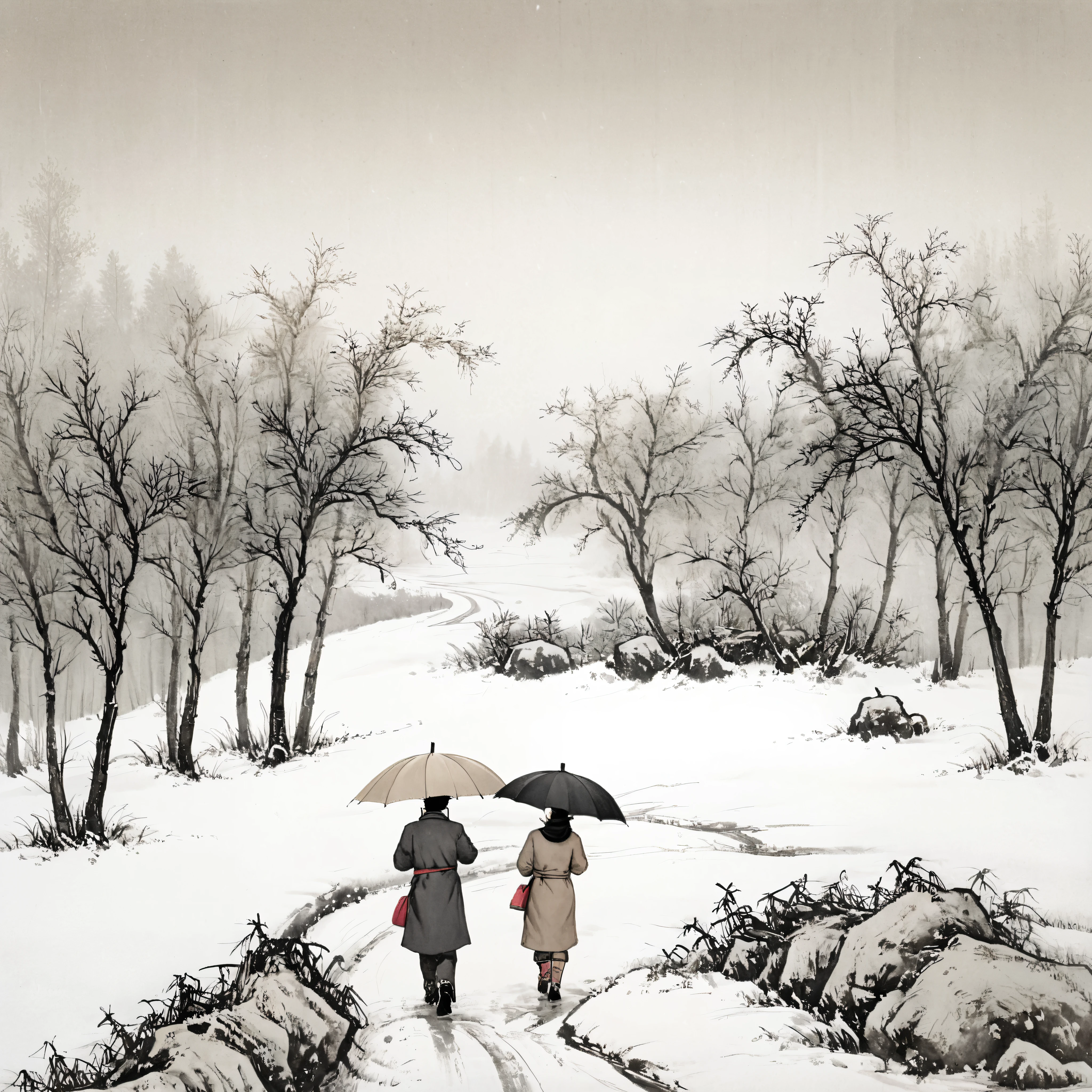 surrealist art Chinese painting,Ink Painting，ink wash painting，ink water， idyllic winter scenery in northern China ，Snowflakes are falling， Two people walking on a country road with umbrellas， traditional Chinese brushwork ， official art ，羊皮纸水彩Ink Painting，minimalism，beige gray ，Rice paper texture， Very high resolution details,photographic, Extremely Realistic ,Fine texture, Incredibly realistic 