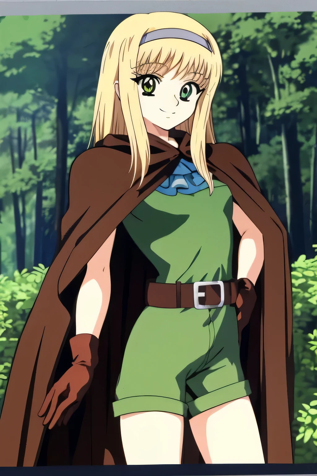 masutepiece, Best Quality, dcElf, floating hair, blond hair, blue sea eye, hoods, Brown cloak, green tunic, gloves, Belt bag, Brown shorts, Cowboy Shot, smile, forest, Looking at Viewer,Hold the bow