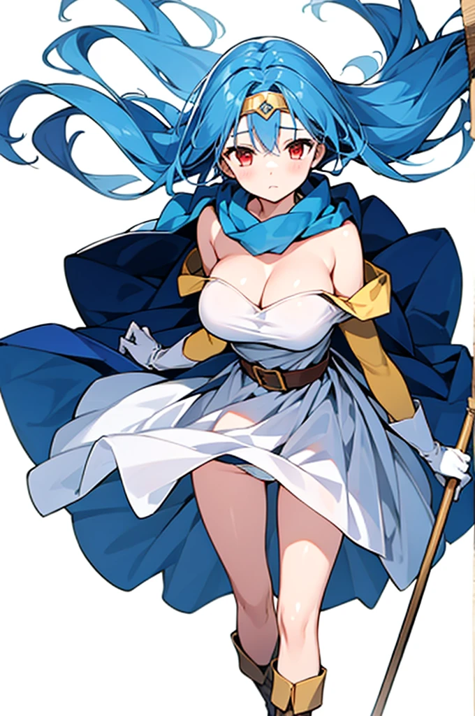 masterpiece、 best quality、 super detailed、Illustration、sage_(dq3)、 1 girl 、(Caneを持っている、Cane:1.3)、solo、Long Hair、 blue hair 、 circlet、Red eyes、 Big Breasts 、Yellow gloves、 white dress、belt、Cape、 boots、 cleavage、Bare shoulders、underwear、 standing、whole body、Grass、 wind is blowing、 simple background、White background