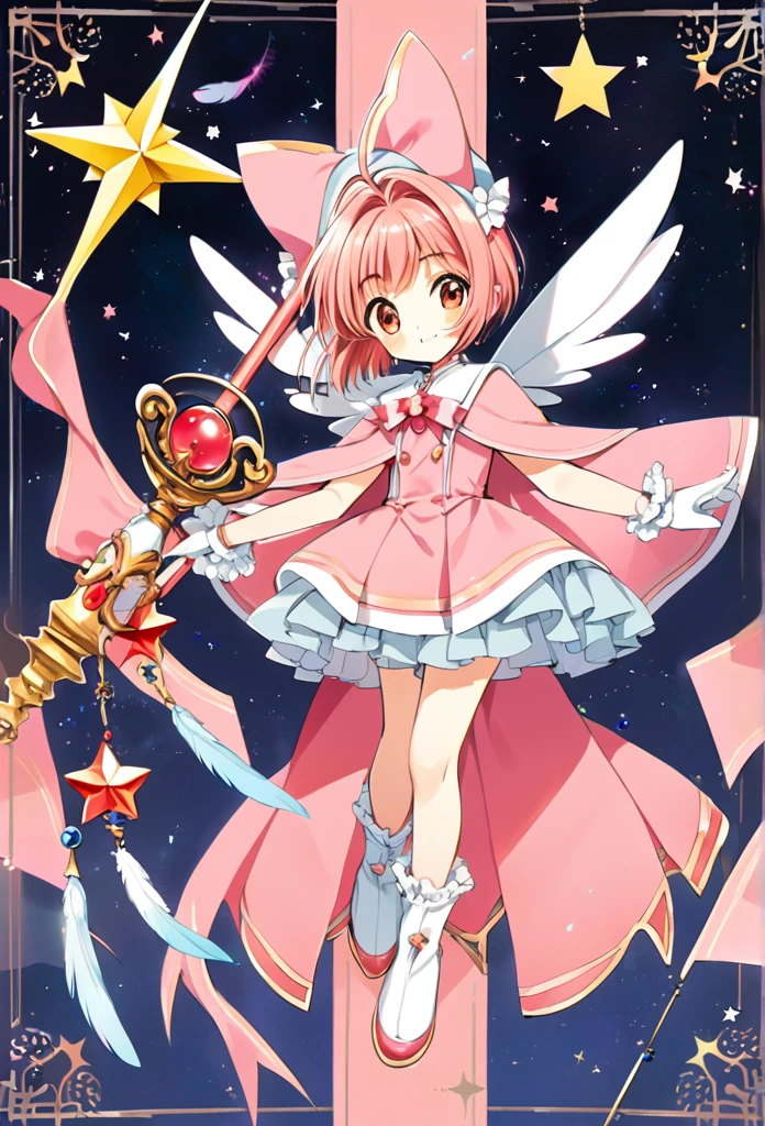 Cardcaptor Sakura,Pink Cape,Witch clothes,A staff decorated with a star on the top and feathers,White folded short boots,Ruffled gloves