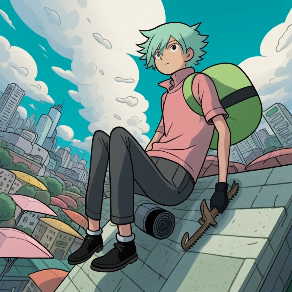 adtime, denji, city, high quality, 1 boy, green hiils, clouds, chainsaw man