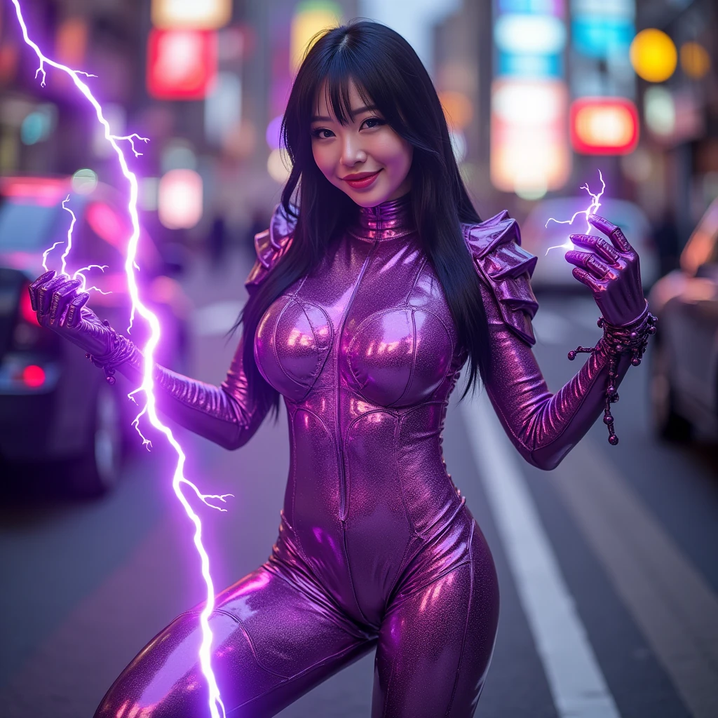 a cute woman (cute, amazing figure, sexy glowing mirrored armor, violet dragon motif, she is a super hero) sexy action poses, battling robots, Tokyo, she can toss violet lightning bolts