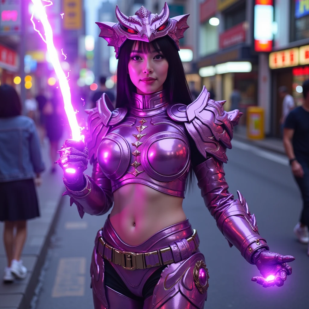 a cute woman (cute, amazing figure, sexy glowing mirrored armor, violet dragon motif, she is a super hero) sexy action poses, battling robots, Tokyo, she can toss violet lightning bolts