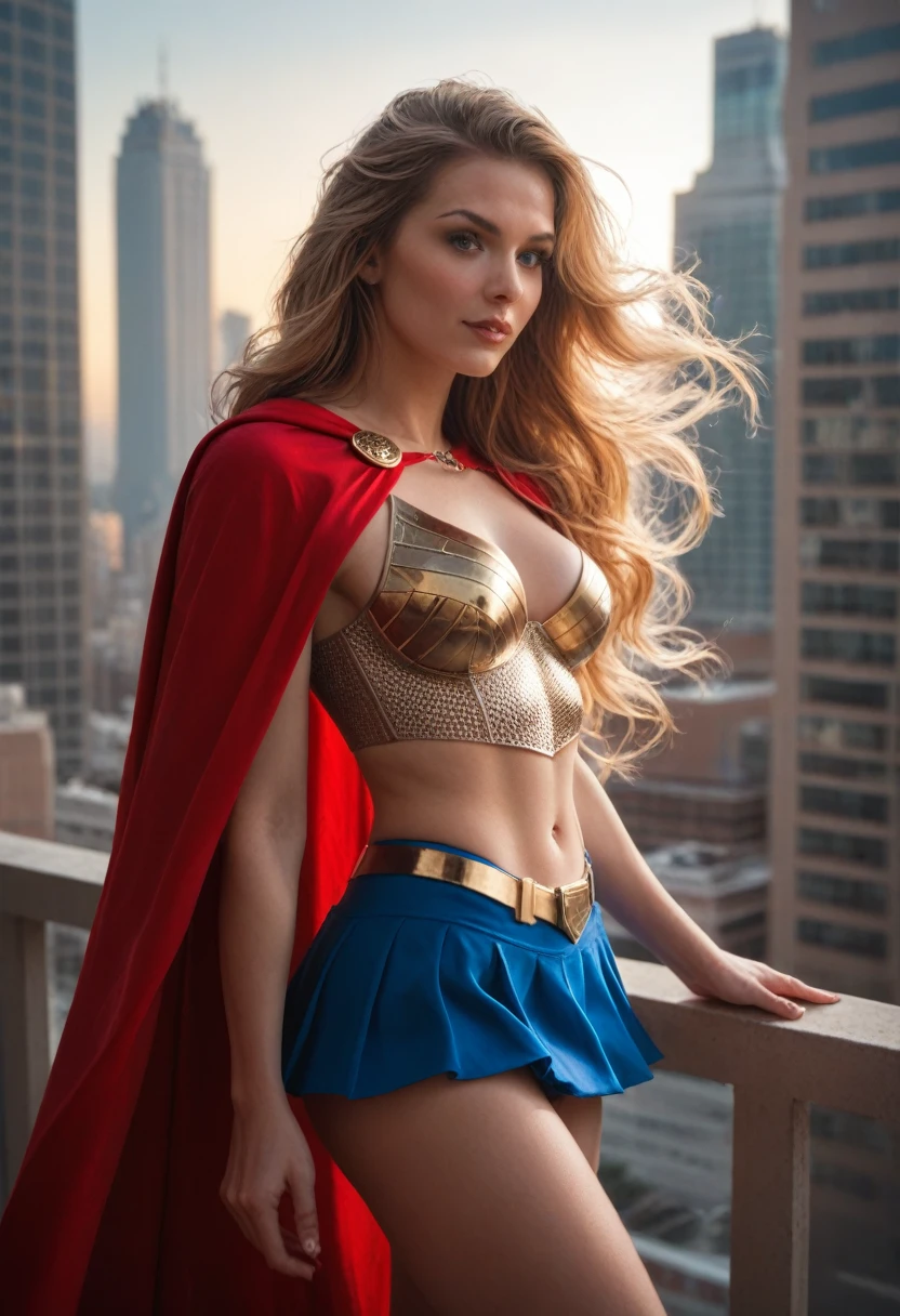 ((Best quality, Masterpiece, Nonsense)),1girll:1.9, Sexy, ( 18 years old, Expressive blue eyes, shoulder-length blonde hair, Long hair,Loose and fluffy hair),Dressed Supergirl cosplay (Super Girl Suite custom role-playing), Shortest red skirt,eechi, Terrace in 1 building, supergirl, cleavage, tiny thong, big tits,  big butt, tiny top suit, sexy hero pose, hard niples, sweaty skin
