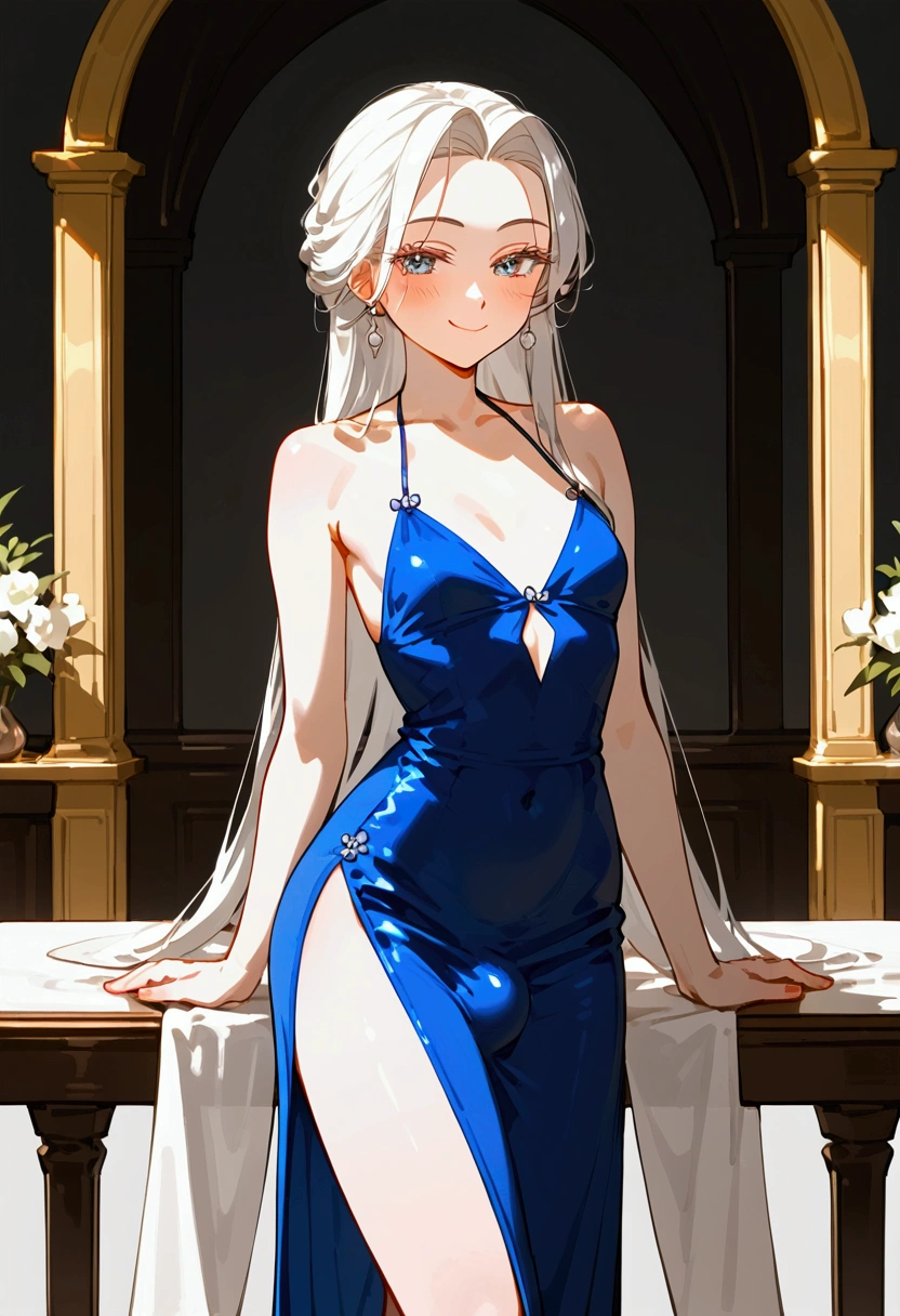 White hair, pale anime milf, adult, small breasts, small boobs, long white hair, long eyelashes, Big thights, bubble butt, Big but, bit hips, small waist, skinny abdomen, skinny body, sexy, Big bulge, thick bulge, thick legs, small waist, elegant sexy dress, strong legs, big butt, sensual dress, lustful smile, flushed face, short skirt dress