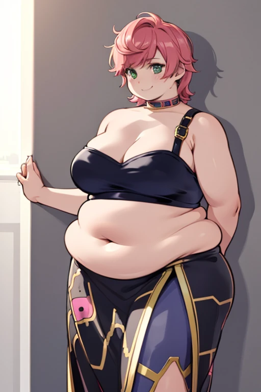 Big breasts, cute smile, Trish, bbw, plump, large belly, large breasts, large thighs, love handles, wide hips, weight gain, ((detailed shading)), ((beautiful render art)), ((intricate details)),