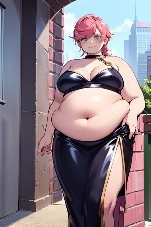 Big breasts, cute smile, Trish, bbw, plump, large belly, large breasts, large thighs, love handles, wide hips, weight gain, ((detailed shading)), ((beautiful render art)), ((intricate details)),