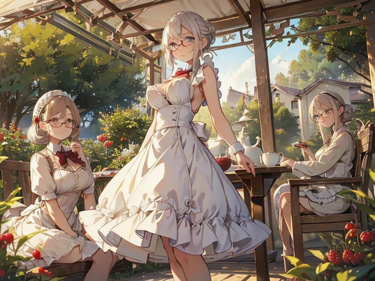 (best quality, masterpiece), (ultra high resolution, 8K RAW photo, photo realistics:1.5, textile shading, thin outline, clear focus:1.2), Beautuful Matured woman preparing tea-time in the garden, standing by the round table, (Tea set, tea pot, tea cups, Some are delicious　Strawberry　cakes on dish), classy art deco style table, wearing light_brown maid uniform, breast cleavage:1.2, maid costume:1.2, long flare skirts, apron, bow ties on thechest, long tall sally, long legs, long silver white hair, (wearing thin-flame glasses:1.2), (milf:1.5, 28 years old, Alone), (large breast, sagging breast, big tits, narrow waist), (medium short white hair, hair over one eye, (updo hair:1.2), side lock, asymmetric hair, wavy hair), (bright pupils, detailed eyes, high detailed face, Perfect face shape, eye rush), (seductitve smiling, half-closing eyes), (looking at viewers:1.3), (dynamic angle, full body, from below:1.2), ((correct anatomy:1.5, correct hands)), (ideal ratio of body proportions), (outdoor:1.2, grass field),
